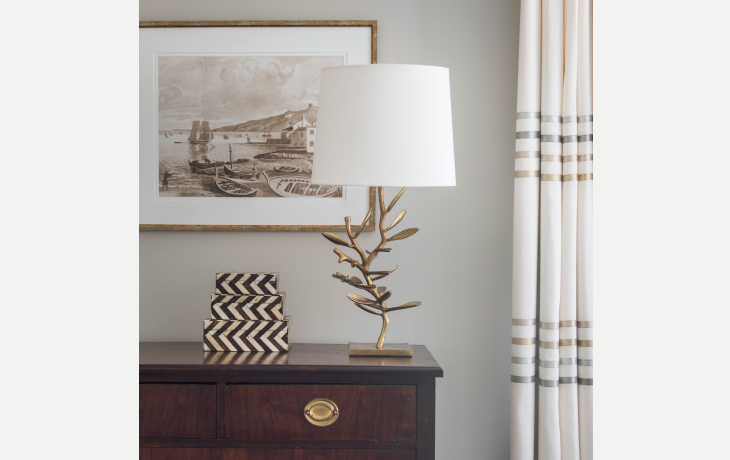A whimsical botanical lamp against a tailored backdrop by Blue Jay Design of Wellesley, MA