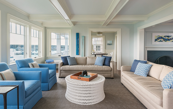 A sea of blues echo the stunning harbor view by Blue Jay Design of Wellesley, MA