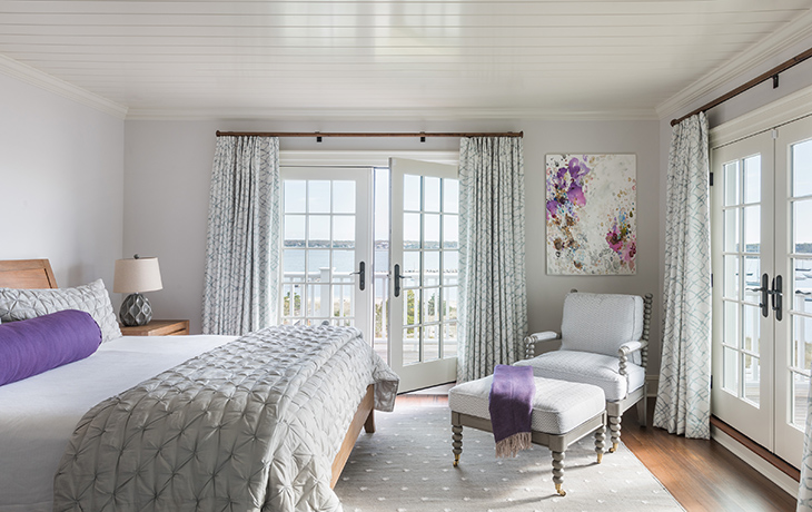 Pops of purple punctuate an otherwise serene master suite by Blue Jay Design of Wellesley, MA