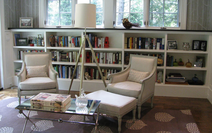 Rich pattern and textures in a quiet library by Blue Jay Design of Wellesley, MA