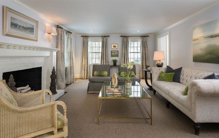 Distinctive color palette in a formal living room by Blue Jay Design of Wellesley, MA
