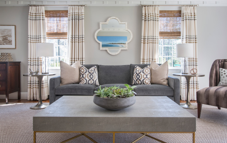 A symmetrical layout in a neutral palette is enhanced with layers of texture by Blue Jay Design of Wellesley, MA
